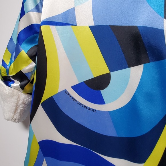 RARE Vtg Victoria's Secret Satin Robe XS Funky Geometric Dopamine Fleece Lined - Picture 14 of 16